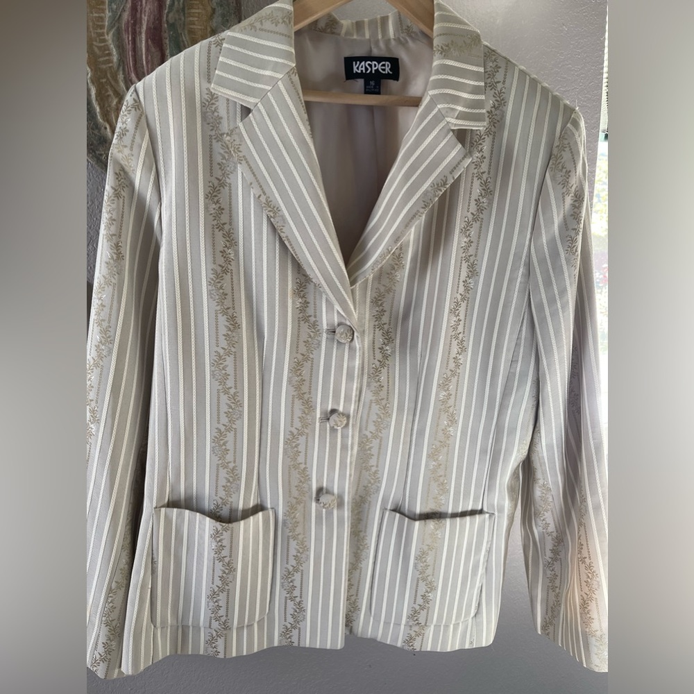 Vintage Kasper Blazer Jacket TanWhite Decorative Striped Print Single Breast